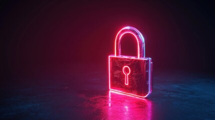 Neon lock symbolizing security in a futuristic digital environment with glowing effects
