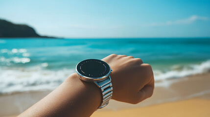 Smartwatch on Wrist at Tropical Beach