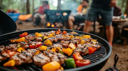 Camping Grill with Kebabs and Peppers
