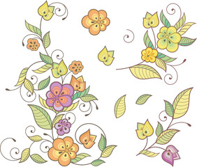 Vector ornamental doodle flowers series for spring, summer and wedding decorative designs. Garlands, bouquets, wreaths, swirls, leaves, design elements. Oriental, Persian and Asian style.