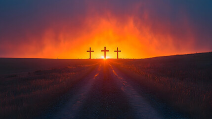 Three crosses at sunrise