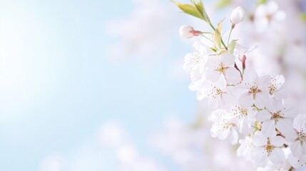 White cherry blossoms blooming against soft blue sky, highlighting delicate petals and seasonal renewal during springtime landscape