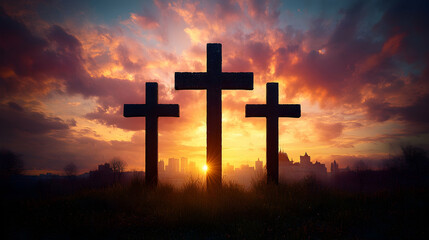 Three crosses at sunset silhouette against a colorful sky