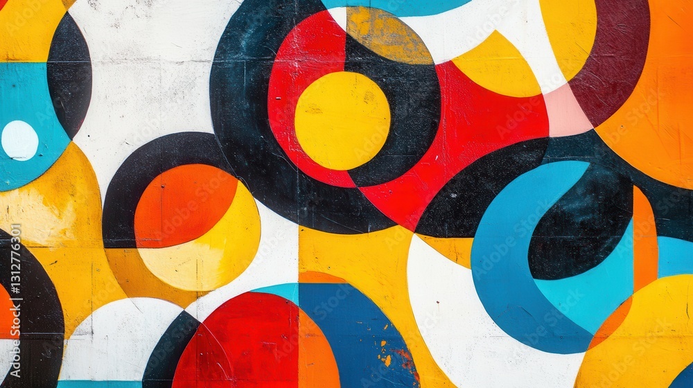 Poster A dynamic abstract geometric art piece featuring vibrant overlapping shapes and lines in red, orange, yellow, and blue.