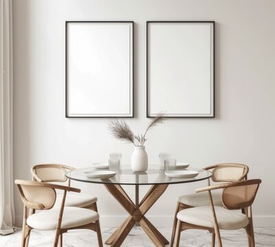 Two empty frames above a round glass dining table with four chairs in a modern dining room