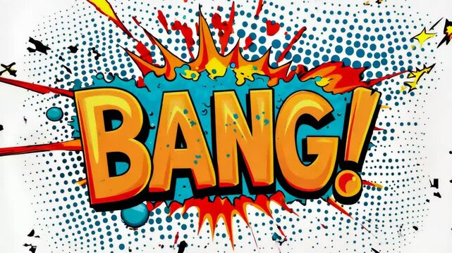 Comic book-style explosion with bold "BANG!" text in vibrant pop art design with halftone dots and dynamic action elements.