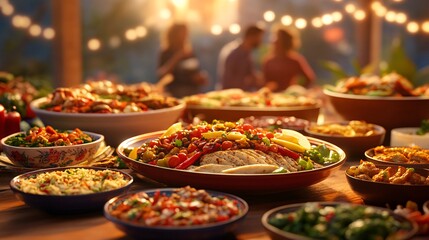 Fototapeta premium Festive Dining Table with Diverse Culinary Dishes Set for Evening Gathering
