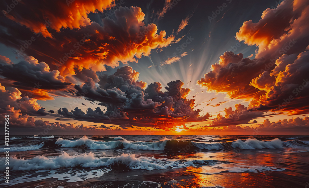 Aufkleber the sky is filled with clouds and the sun is setting. the ocean is calm and the waves are small