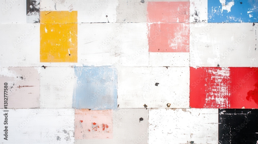 Poster weathered white wall displaying colorful rectangular patches, creating textural abstract background 
