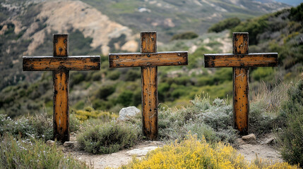 Obraz premium Three weathered wooden crosses in a hillside setting