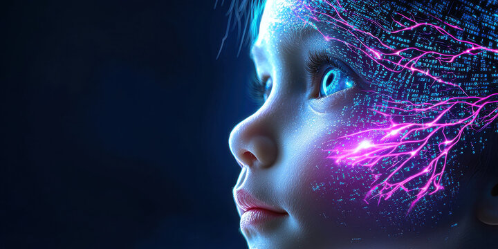 transhuman child with bio synthetic skin and glowing features, showcasing futuristic look and digital elements