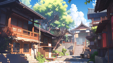 Fototapeta premium Tranquil Japanese village scene with traditional architecture, lush greenery, and serene atmosphere