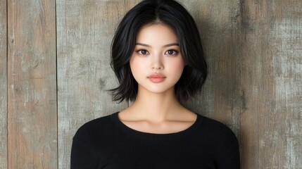Fototapeta premium Portrait of a Young Woman with Short Black Hair Against a Wooden Background