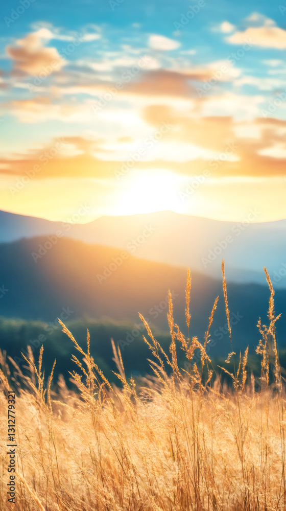 Poster scenic view of dry grass field with mountains silhouettes on background during sunset with colorful 