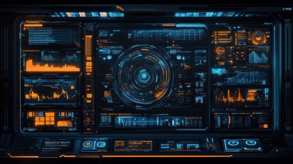 Fototapeta premium A futuristic digital HUD interface showcases a high-tech design with blue and orange elements.