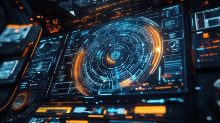 A futuristic digital HUD interface showcases a high-tech design with blue and orange elements.