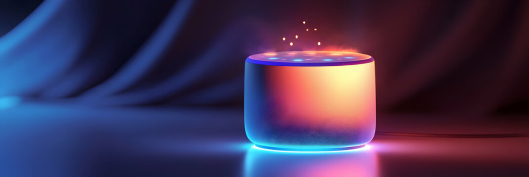 A glowing AI-powered smart speaker playing personalized music  -