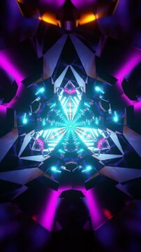 Vertical video of endless geometric tunnels illuminated by vibrant strobe lights