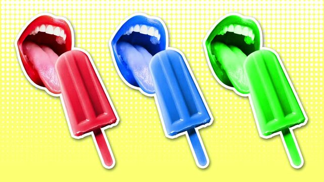 Mouths with tongues licking ice pops. Seamless loop. Pop art collage style. AI images were used as design elements. Summer concept.
