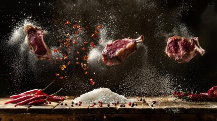 Obraz premium Three raw lamb chops levitating with spices.