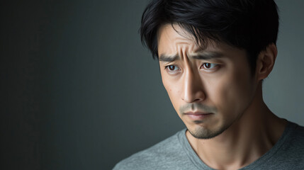 Fototapeta premium East Asian Man in His Early 30s Looking Sad, with a Soft Frown and Downcast Eyes, Against Solid Gray Background