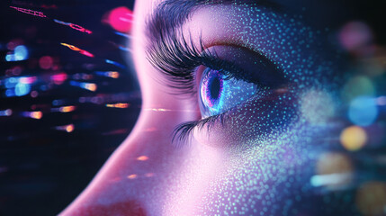 Futuristic close-up of female eye with digital elements and reflections