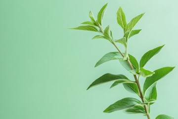 Fototapeta premium Green leafy plant branch displays fresh leaves on smooth background