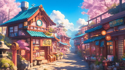 Fototapeta premium Serene Japanese street scene with cherry blossoms, traditional architecture, and vibrant market activity