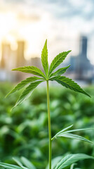 Obraz premium Close-up of vibrant cannabis seedling growing in rural field, sunset city skyline blurring behind verdant green leaves