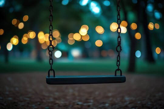 Empty swing set at night park, bokeh lights (1)