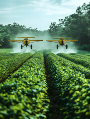 Two planes spray crops in a field