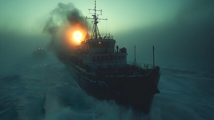 Fototapeta premium Two ships sailing in foggy sea at sunrise.