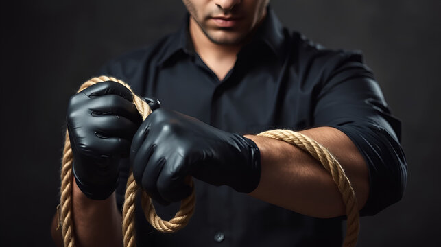 Photo of a shaded strangler assassin man in black shirt and leather gloves holding rope.