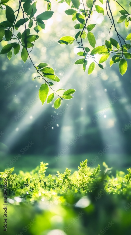 Poster beautiful sun rays shining through foliage in springtime forest creating magical atmosphere