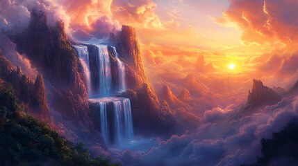 Vibrant waterfall cascading with hues