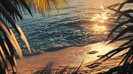 Tranquil sunset beach scene with palm fronds and footprints in the sand.