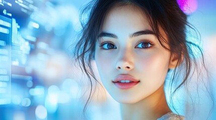 Young Professional Engaging with Futuristic Digital Interface in Vibrant Environment