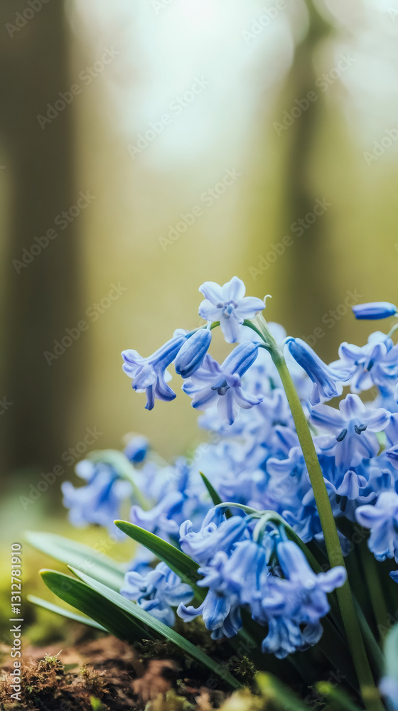 Poster close-up of bluebells growing in a forest during springtime, creating a vibrant and colorful scene