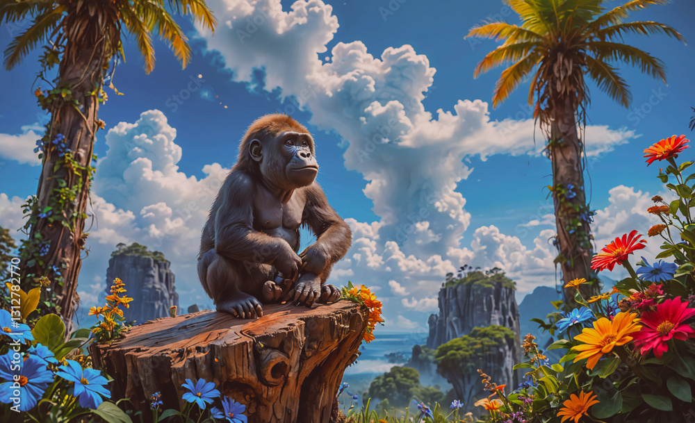 Poster gorilla is sitting on a log in a lush green forest. the sky is blue and there are clouds in the back