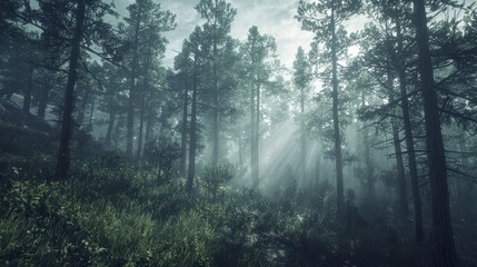 Obraz premium Sunbeams pierce misty pine forest.