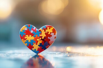 Heart made of colorful puzzle pieces standing on reflective surface, symbol for love and support, diversity and inclusivity.