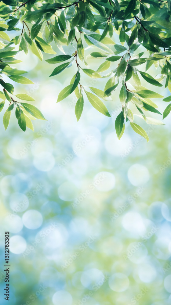 Poster verdant foliage cascading against soft-focus green backdrop, generating serene botanical tranquility