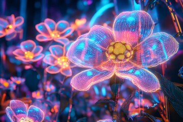 Glowing Flowers with Futuristic Neon Light and Sparkle Details in Fantasy Garden