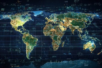 Naklejka premium Digital World Map Data Visualization Concept - Global Network Connectivity Display