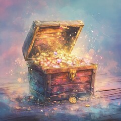 A wooden treasure chest is filled with glittering riches overflowing