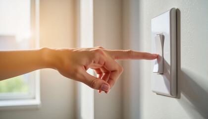 Naklejka premium Hand switching off light switch in bright room, energy conservation