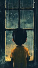 A Young Boy Gazes Out the Window at a Stormy Day
