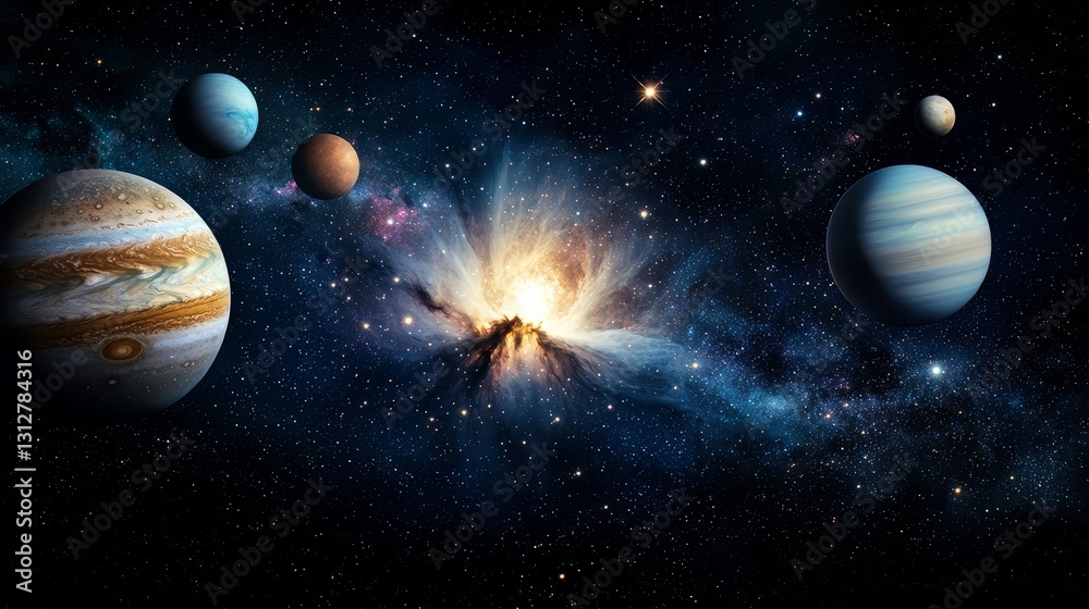 Aufkleber Close up of the planets in the solar system. The planets are in different positions and sizes, with the largest one being Jupiter. Concept of wonder and awe at the vastness of the universe