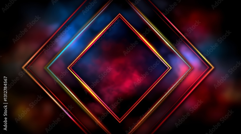 Poster Colorful square with a red background. The square is surrounded by a red and blue frame. The image has a futuristic and abstract feel to it