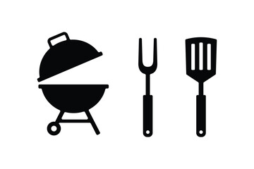 BBQ grill icon set. Barbecue, bar-b-q, spatula, grill fork vector illustration